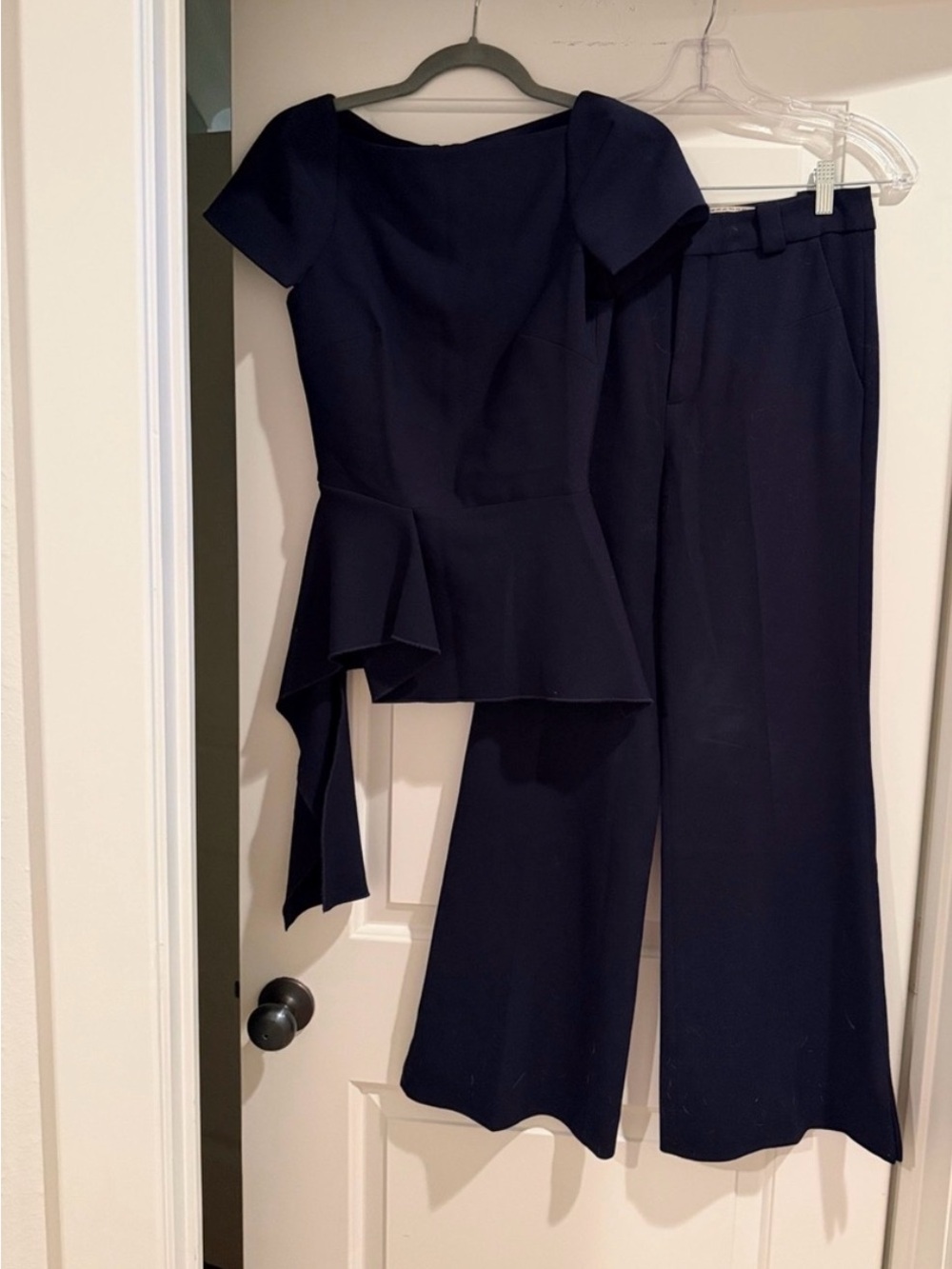 Roland Mouret Navy Peplum Top with Wide-Leg Pants